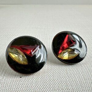 Vintage 1980s Black Enamel Circle Earrings With Red & Orange Faux Gems